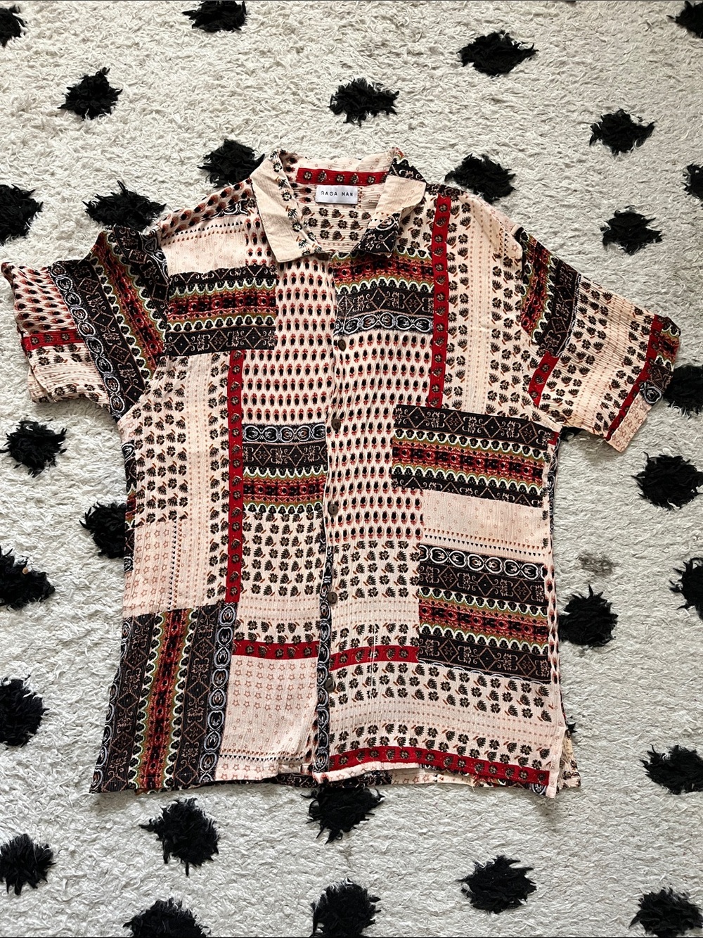 Raga Man size medium Casual Patchwork Print Short-Sleeve Shirt - Red & Cream